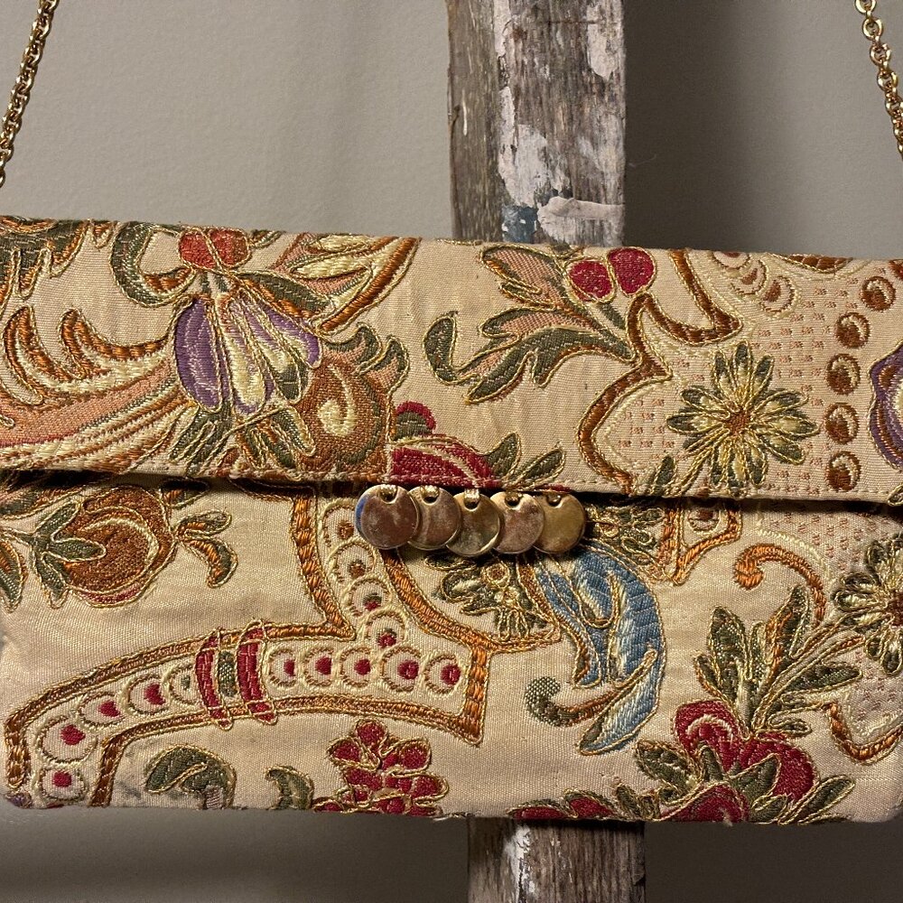 RODO Vintage Gold Embroidered Tapestry Clutch Handbag- Luxe Designer Glam